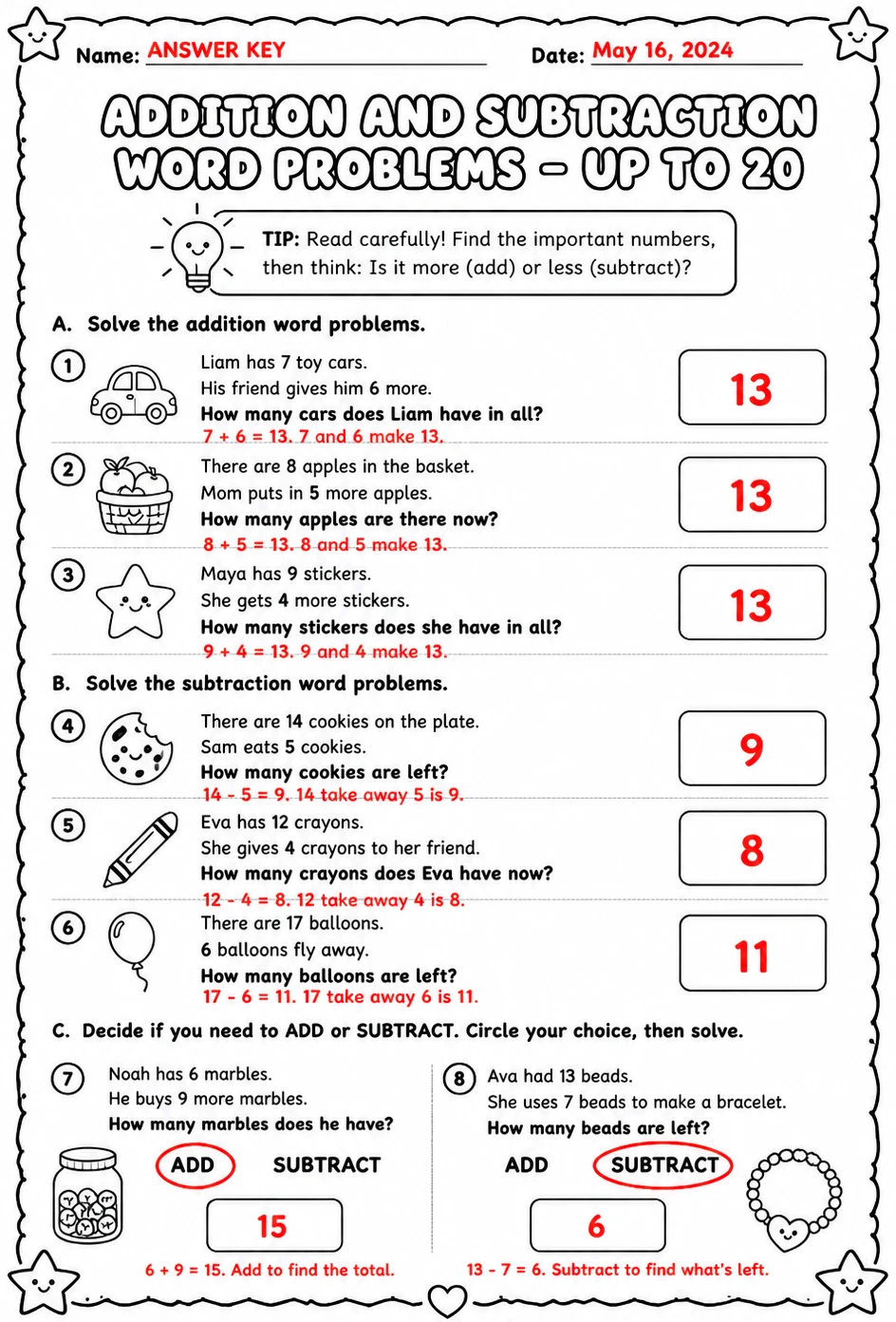 Answer key for Addition and subtraction word problems - up to 20 — free printable Math worksheet