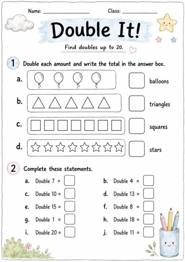 Double It! - Grade 3 Math Worksheet grade 3 printable PDF preview