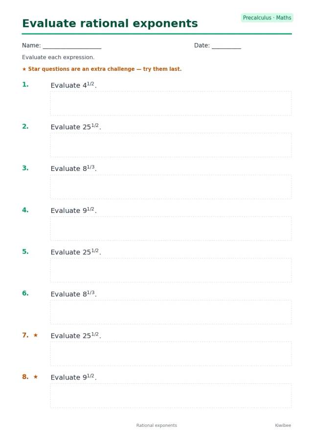 Evaluate rational exponents worksheet — Precalculus