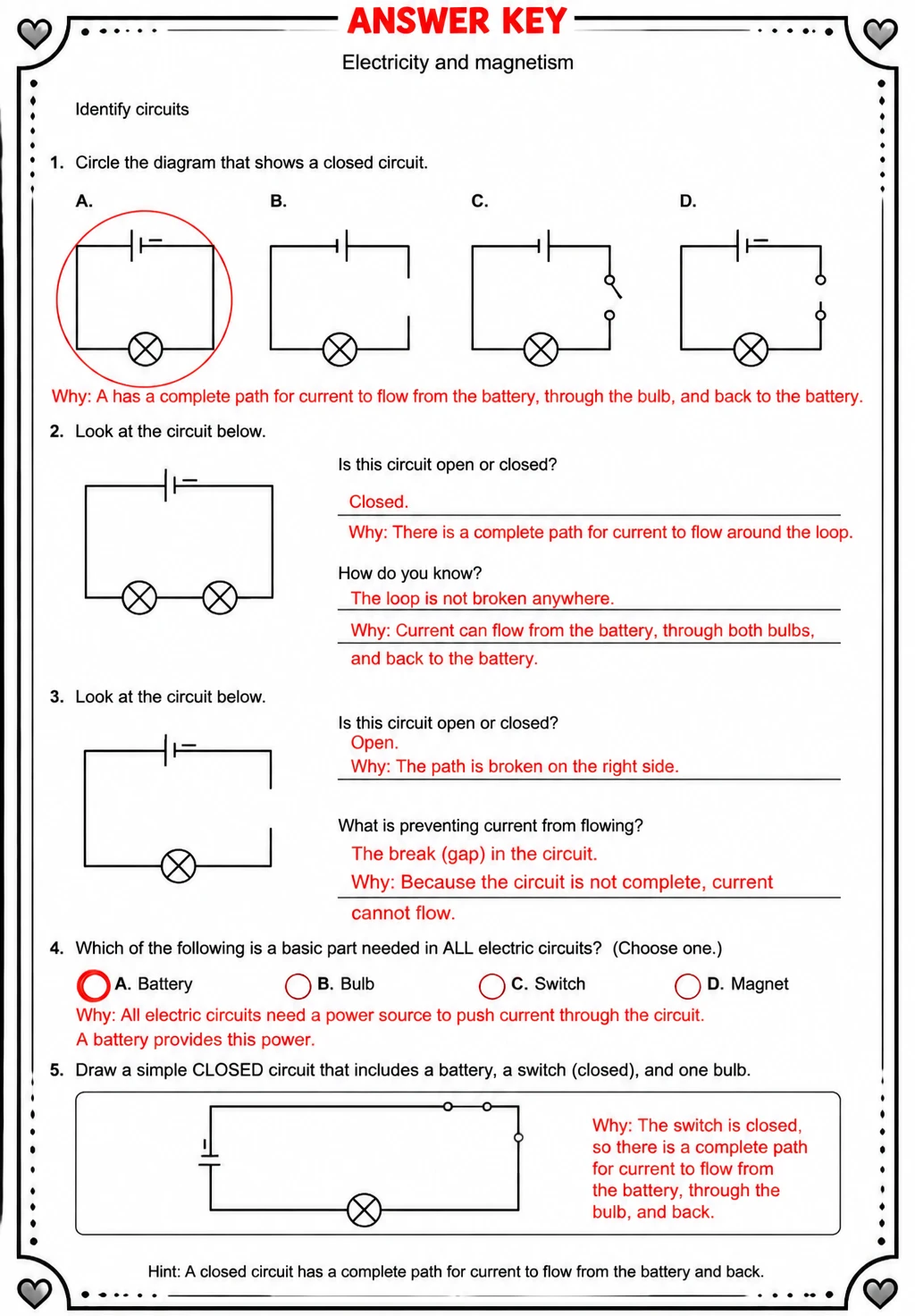 Answer key for Identify circuits — free printable Science worksheet