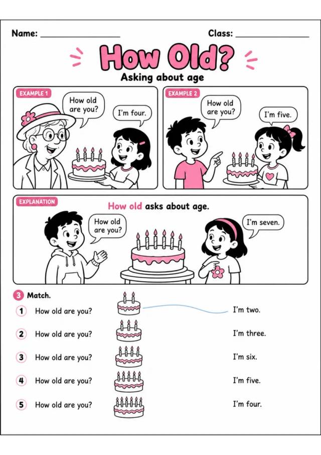 How Old Are You? Age Questions | Grade 1 Grammar Worksheet grade 1 printable PDF preview