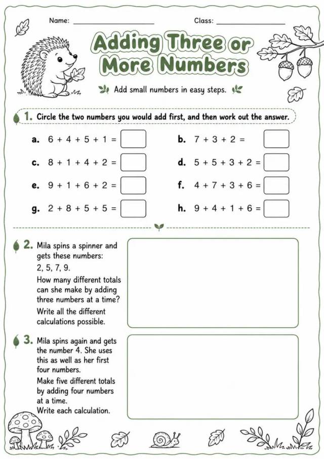 Adding Three or More Numbers - Grade 3 Math Worksheet - grade 3 Reading, explanation, and short-response questions grade 3 printable PDF preview