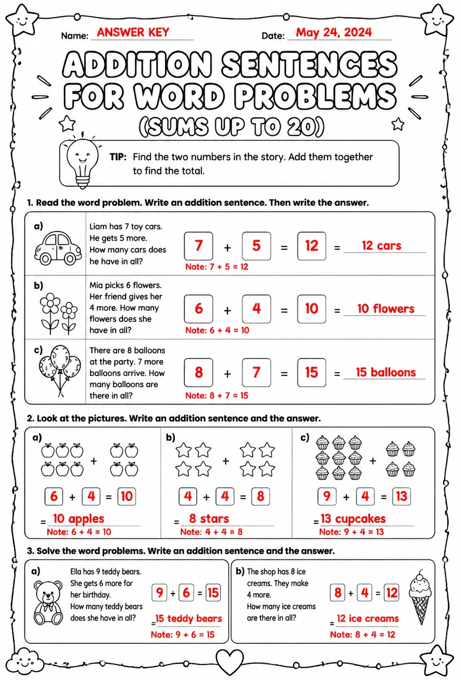 Answer key for Addition sentences for word problems - sums up to 20 — free printable Math worksheet