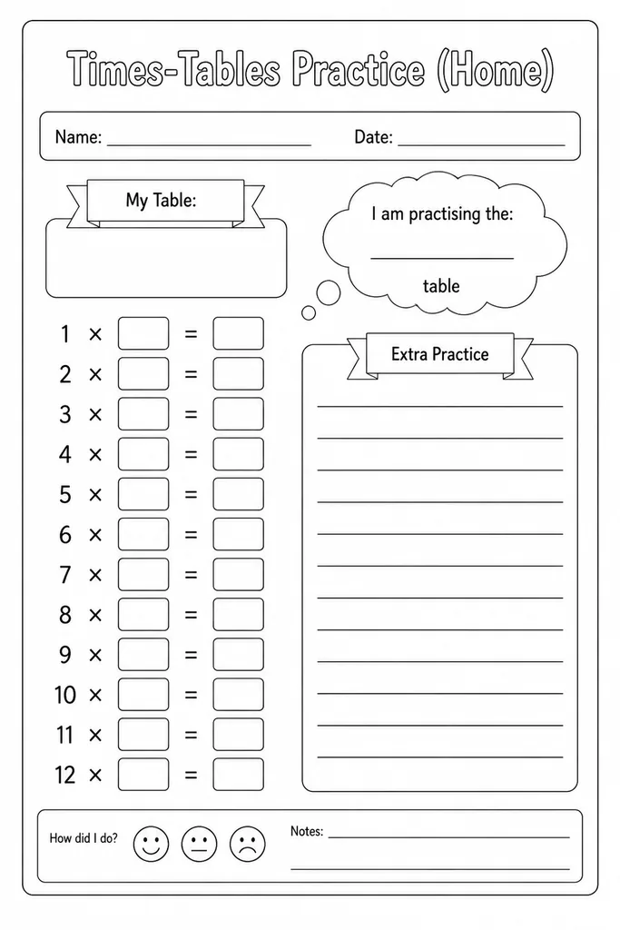 Blank single times-table practice worksheet with rows for writing multiplication products, printed on white A4 paper