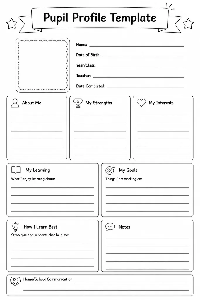 Blank printable pupil profile template with sections for student name, strengths, challenges, targets, and key support notes on A4