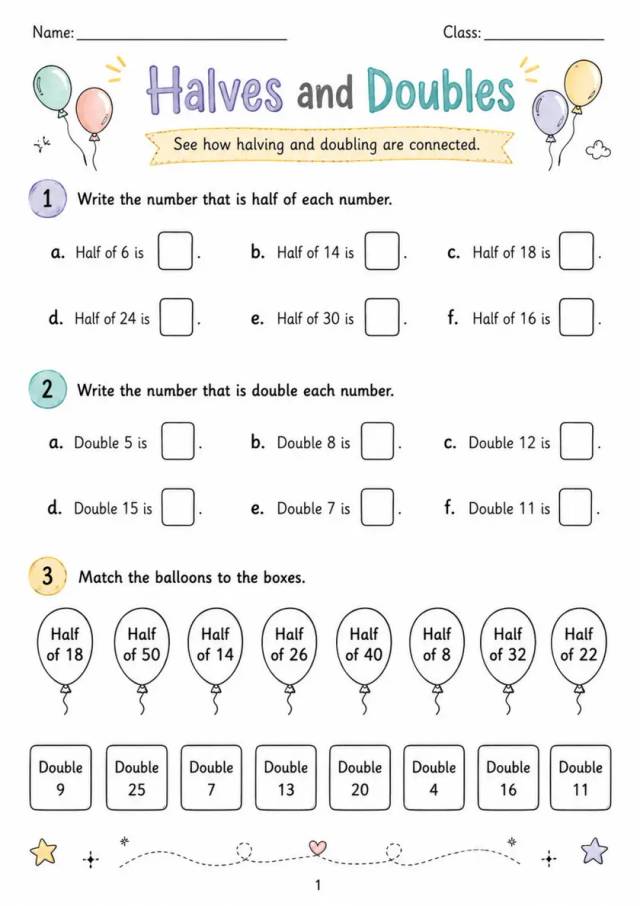 Halves and Doubles - Grade 3 Math Worksheet - grade 3 Labeling, matching, sorting, and classification grade 3 printable PDF preview