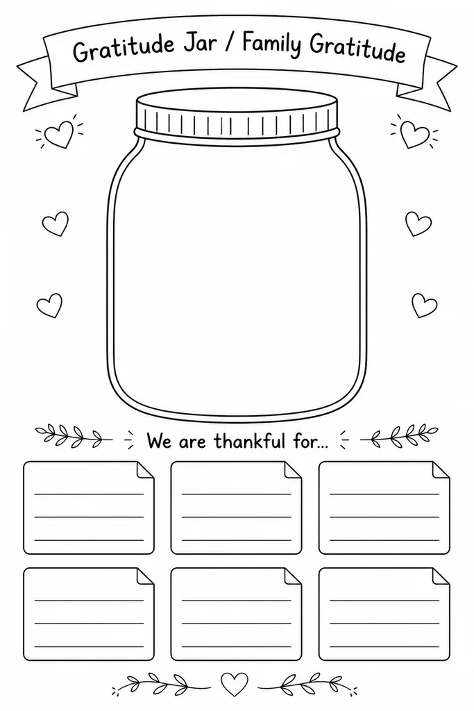 Sheet of blank printable gratitude jar note slips with dotted cut lines, each slip showing spaces for a name, date, and thankfulness message