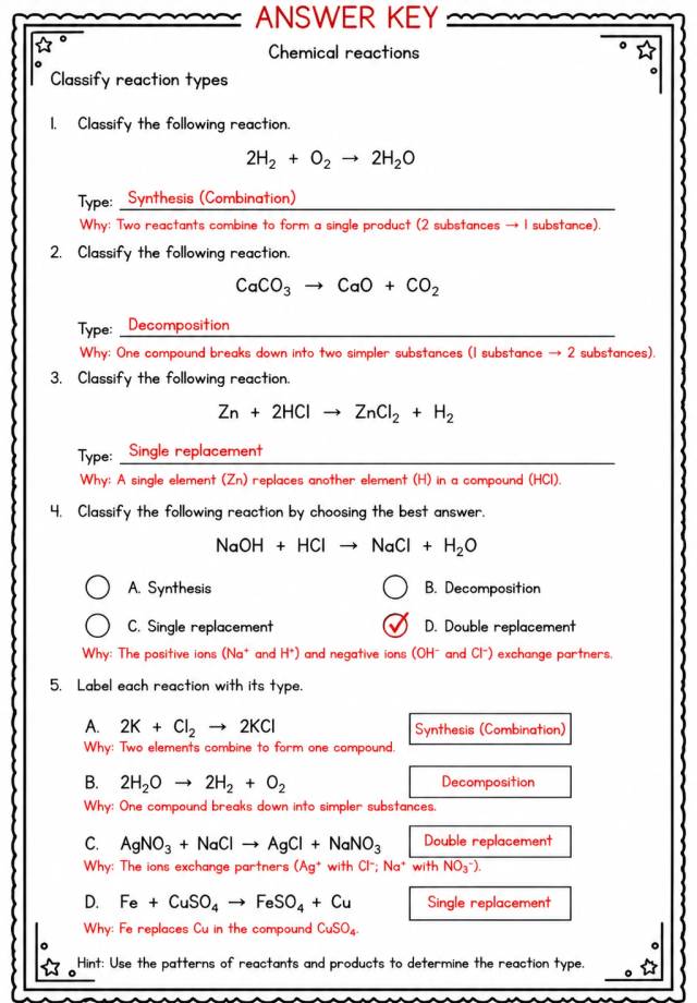 Answer key for Classify reaction types — free printable Science worksheet
