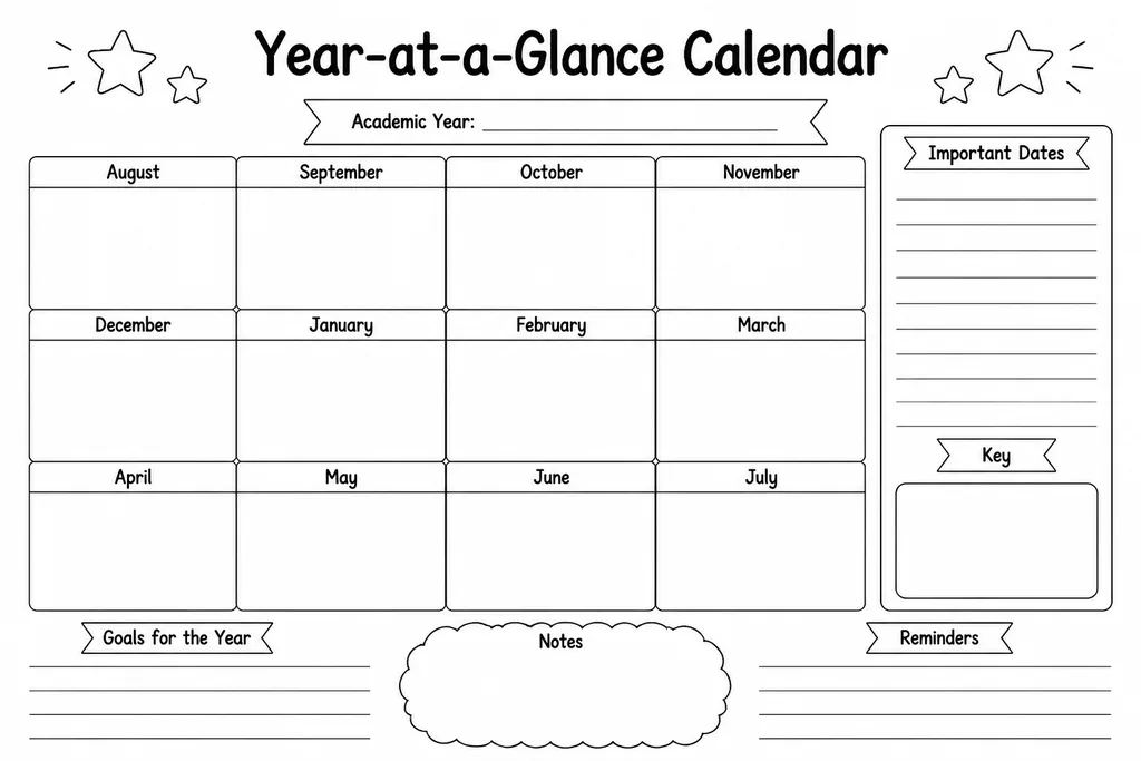 Blank year-at-a-glance calendar template showing 12 monthly blocks with empty date cells for academic planning