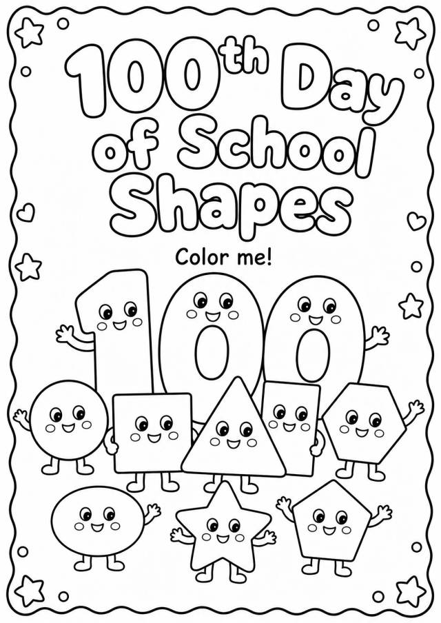 100th Day of School Shapes Coloring Page — free printable Grade 2 Math worksheet