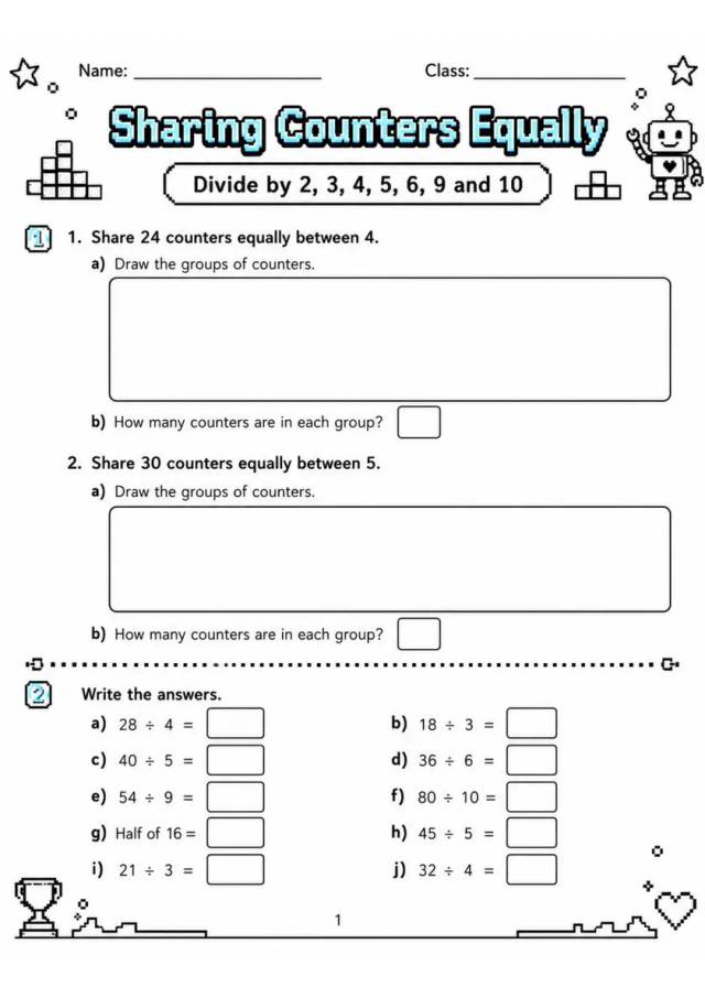 Sharing Counters Equally - Grade 3 Math Worksheet grade 3 printable PDF preview