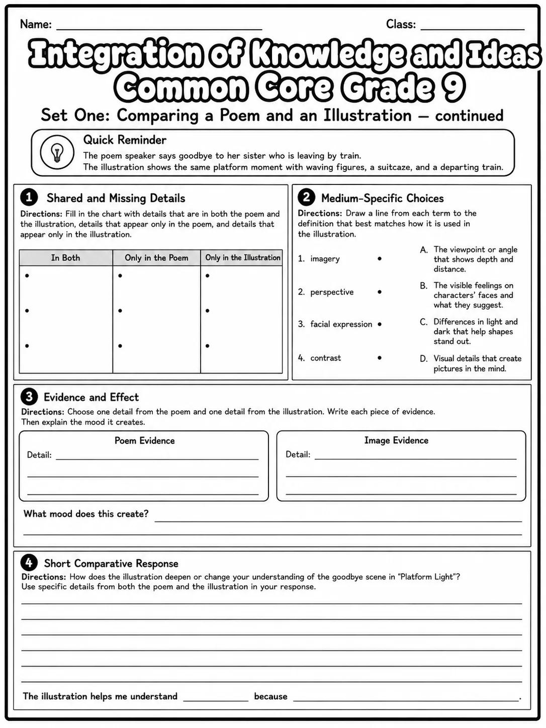 Integration of Knowledge and Ideas Common Core Grade 9 printable Common Core ELA Grade 9 worksheet preview from KiwiBee