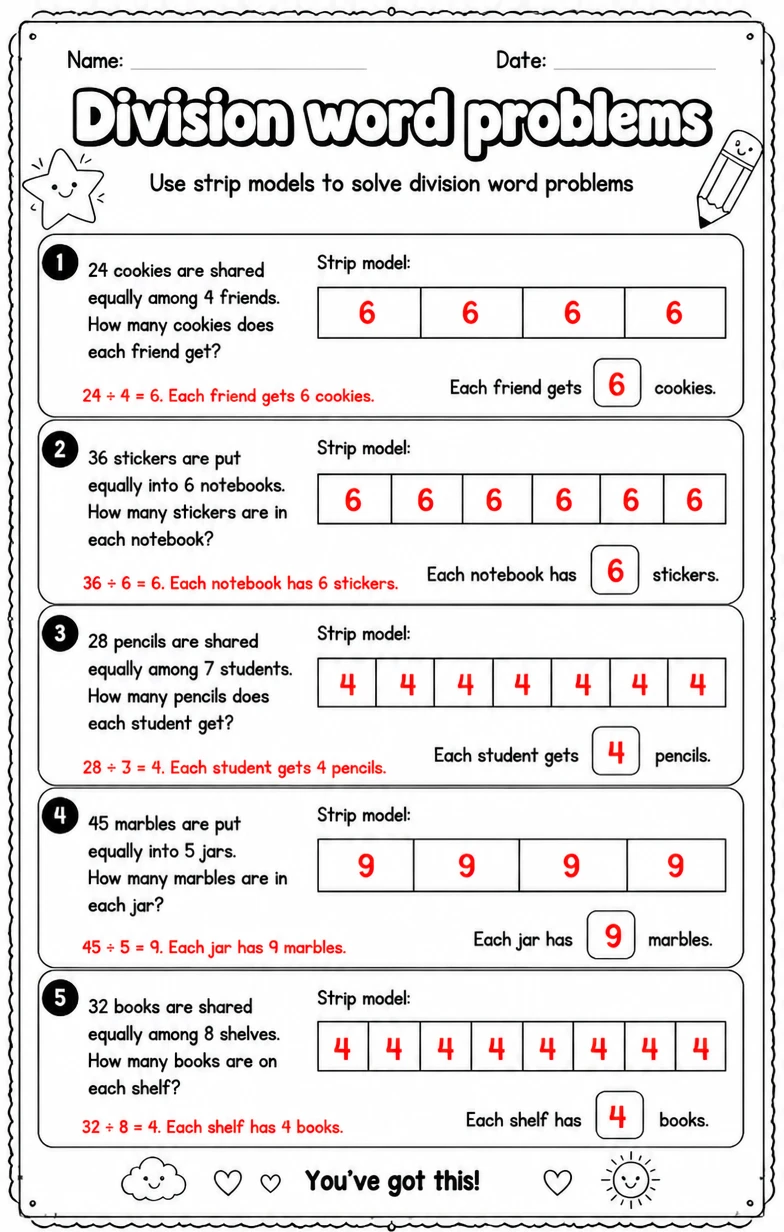 Answer key for Use strip models to solve division word problems — free printable Math worksheet