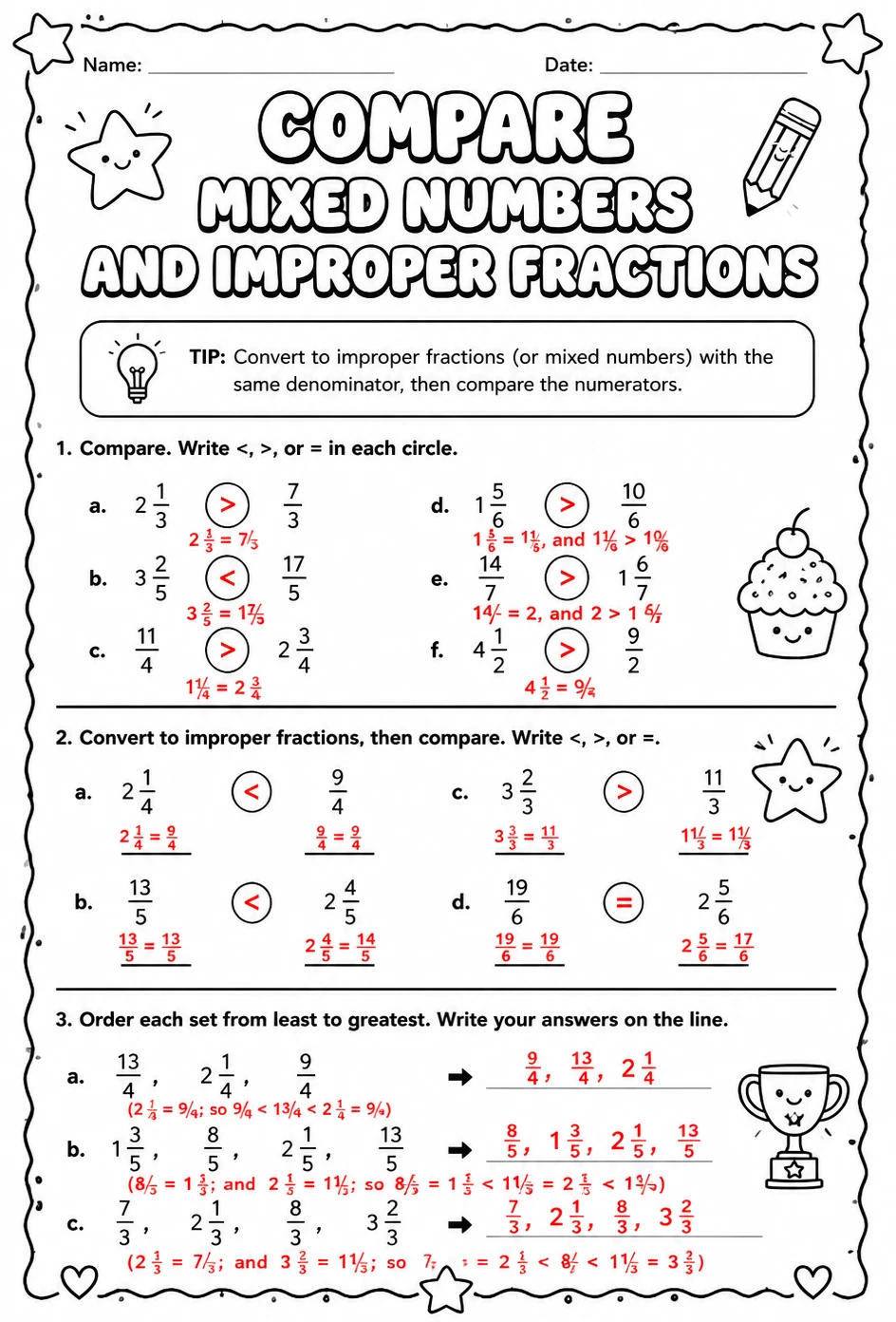 Answer key for Compare mixed numbers and improper fractions — free printable Math worksheet
