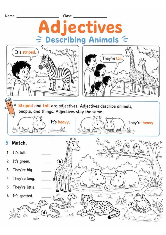 Animal Adjectives Describing Words | Grade 1 Grammar Worksheet grade 1 printable PDF preview