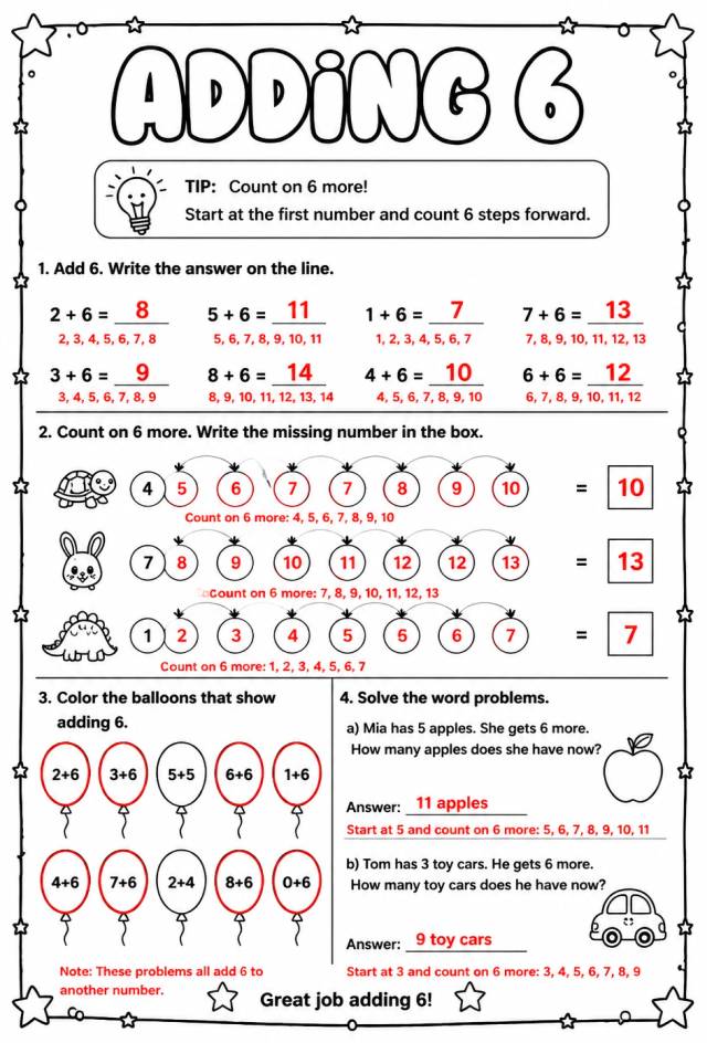 Answer key for Adding 6 — free printable Math worksheet