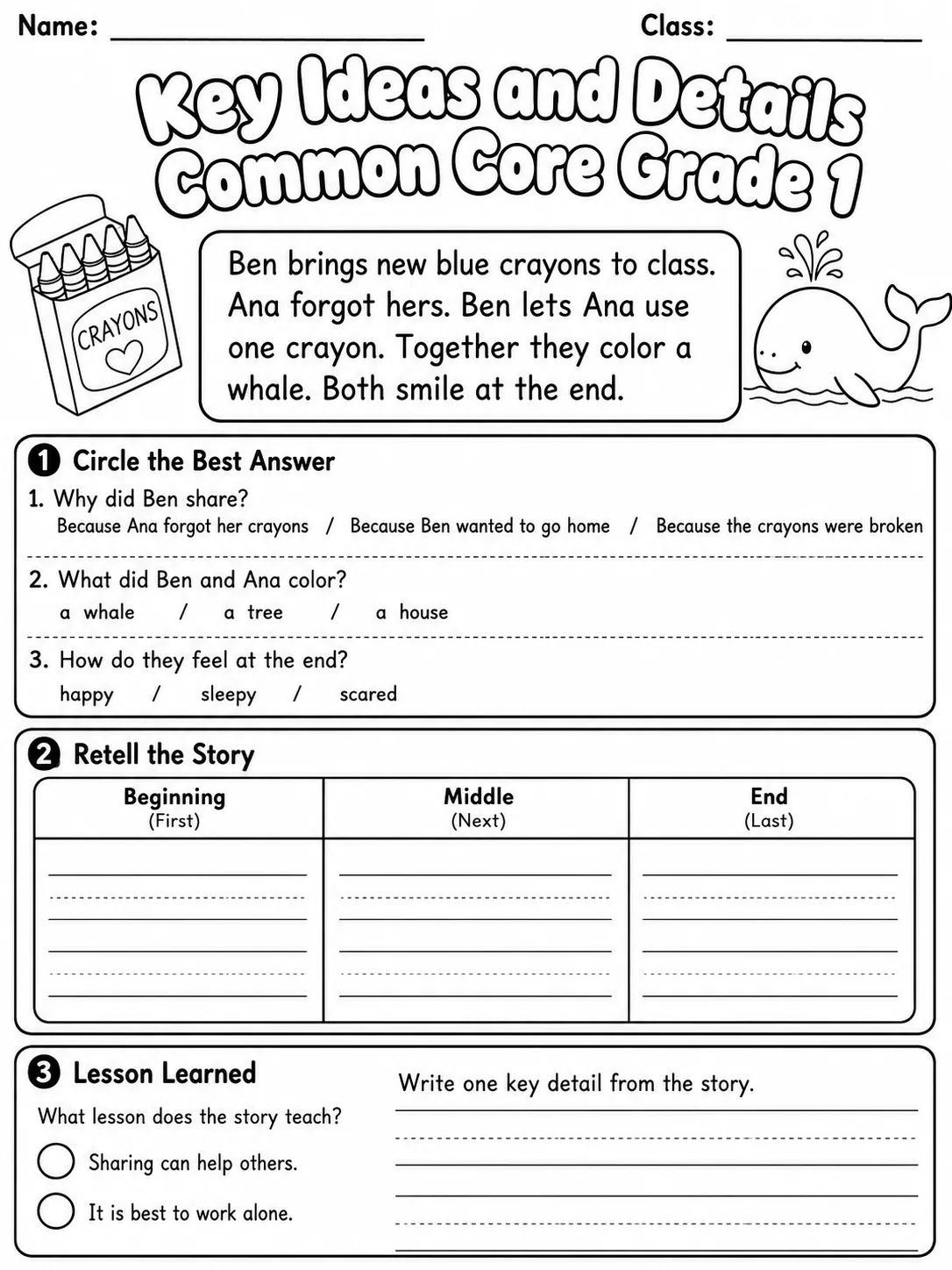 Key Ideas and Details Common Core Grade 1 printable Common Core ELA Grade 1 worksheet preview from KiwiBee