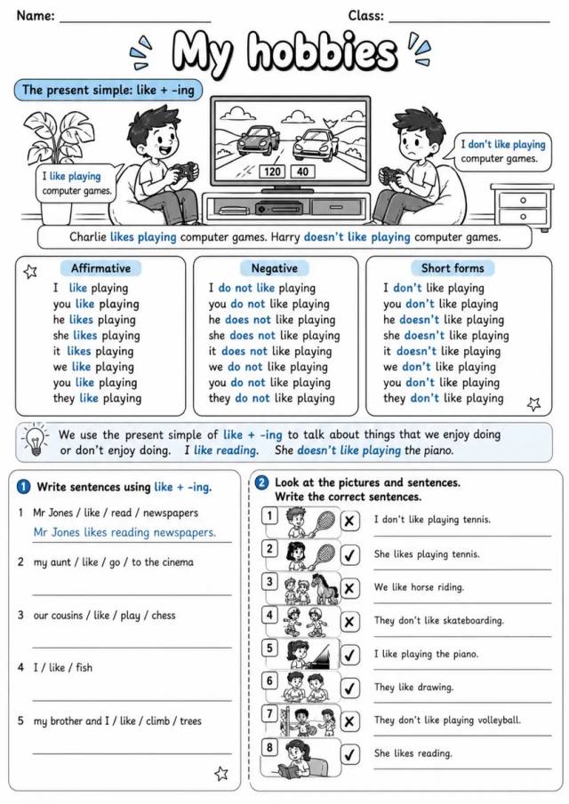 Like Plus Ing: My Hobbies 2 | Grades 3-4 Grammar Worksheet grades 3 4 printable PDF preview