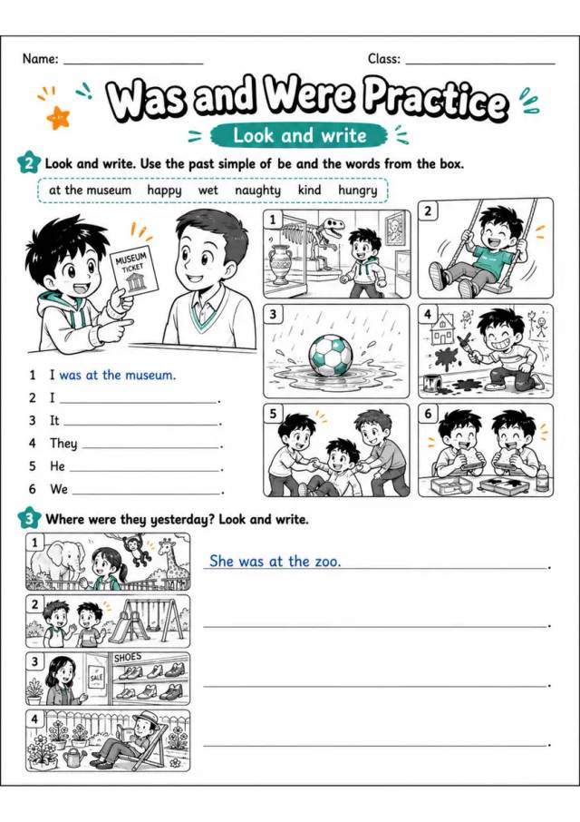 Was And Were Practice | Grades 2-3 Grammar Worksheet grades 2 3 printable PDF preview