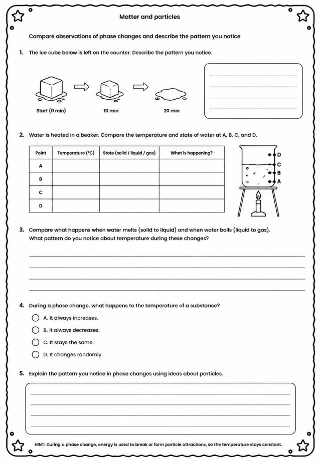 Compare observations of phase changes and describe the pattern you notice — free printable Middle School Science worksheet