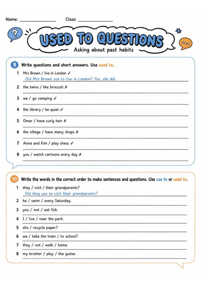Used To Questions | Grade 5 Grammar Worksheet grade 5 printable PDF preview