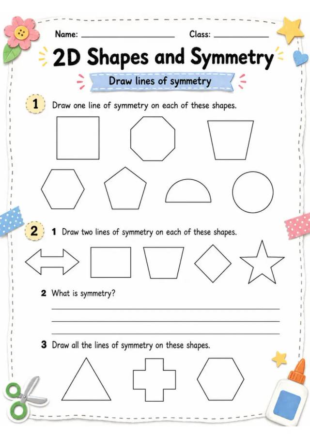 2D Shapes and Symmetry - Grade 3 Math Worksheet grade 3 printable PDF preview