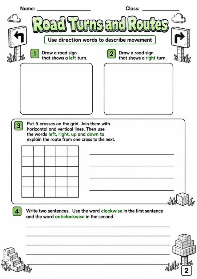 Road Turns and Routes - Grade 3 Math Worksheet grade 3 printable PDF preview