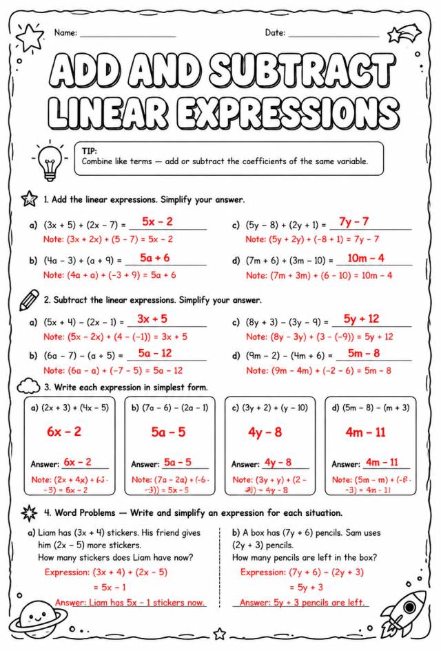 Answer key for Add and subtract linear expressions — free printable Math worksheet
