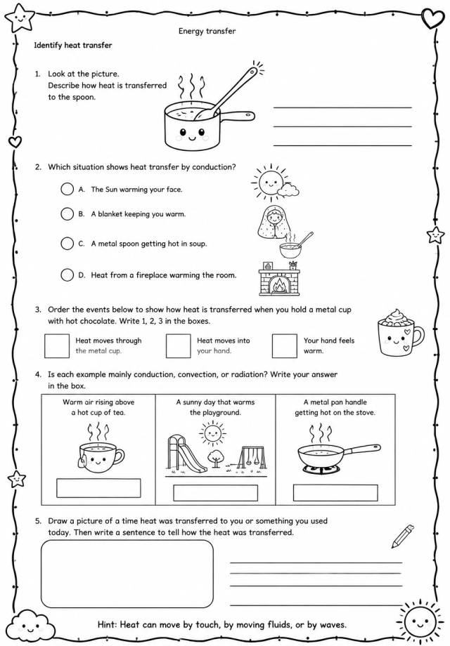 Identify heat transfer — free printable Grade 4 Science worksheet