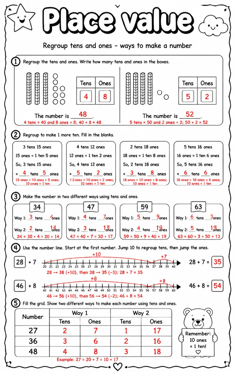 Answer key for Regroup tens and ones - ways to make a number — free printable Math worksheet