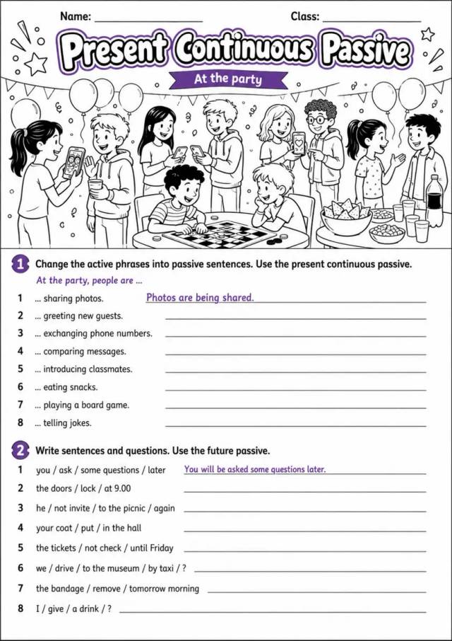 Present Continuous Passive | Grades 5-6 Grammar Worksheet grades 5 6 printable PDF preview