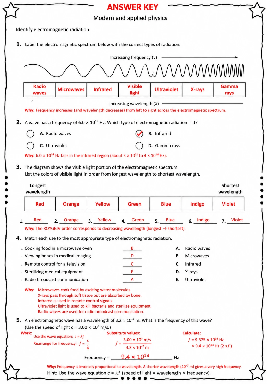 Answer key for Identify electromagnetic radiation — free printable Science worksheet
