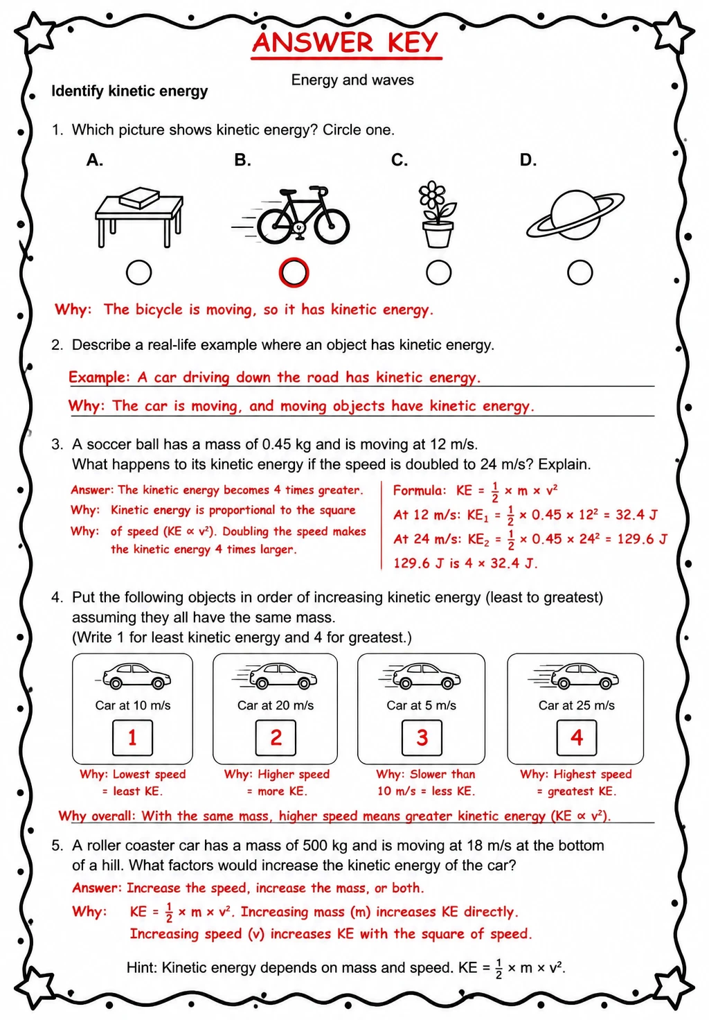 Answer key for Identify kinetic energy — free printable Science worksheet