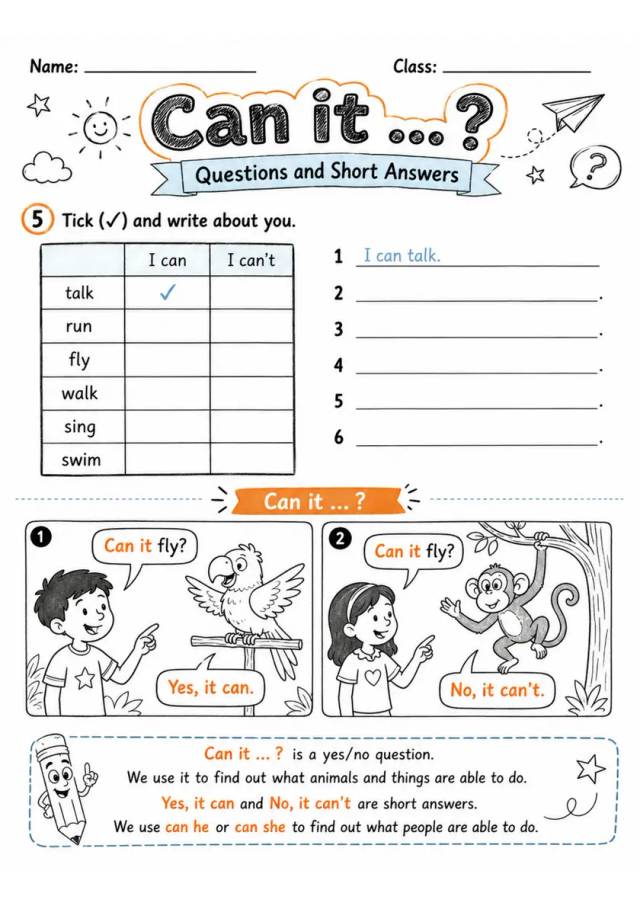 Can It? Questions and Short Answers | Grade 1 Grammar Worksheet grade 1 printable PDF preview