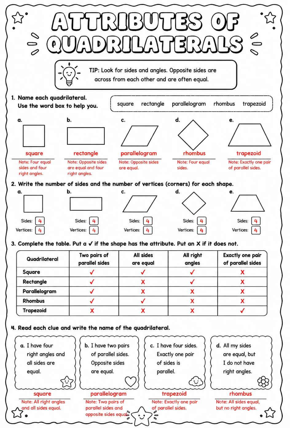 Answer key for Attributes of quadrilaterals — free printable Math worksheet