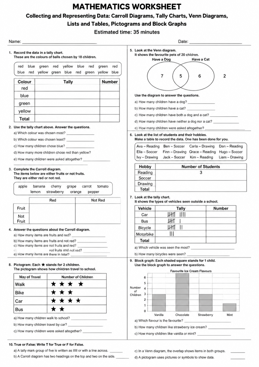 Grade 2 Data Handling Charts and Graphs Maths Worksheet