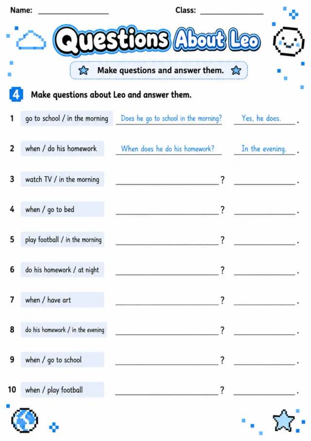 Questions About Leo | Grades 2-3 Grammar Worksheet grades 2 3 printable PDF preview