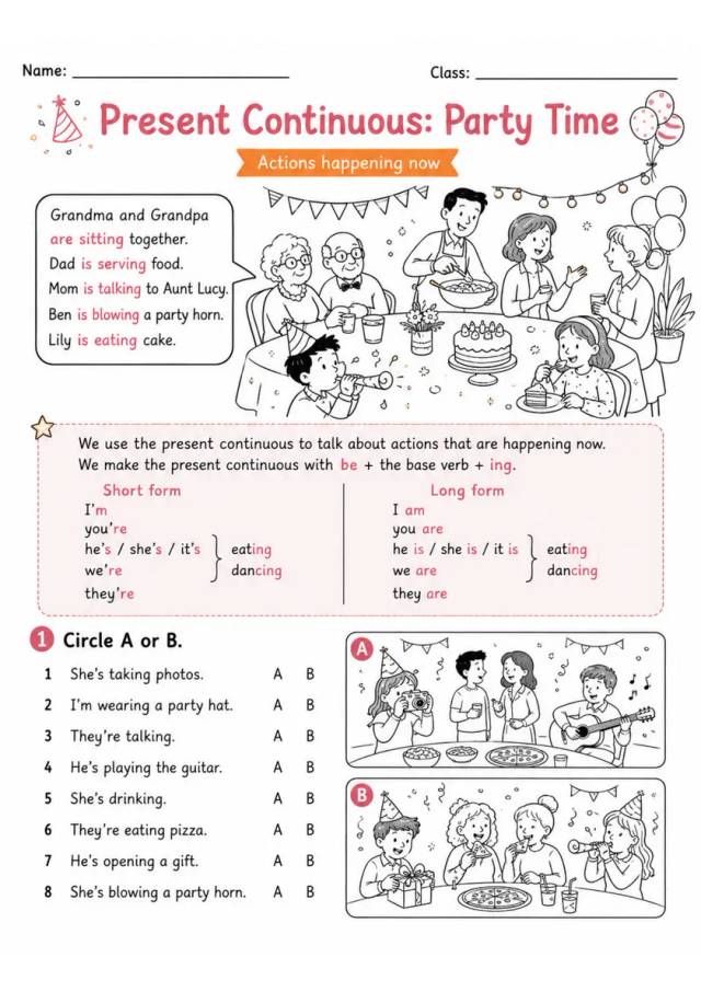 Present Continuous: Party Time | Grades 2-3 Grammar Worksheet grades 2 3 printable PDF preview