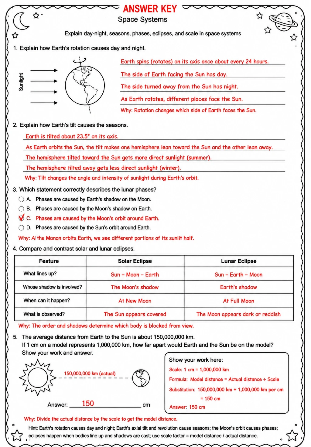 Answer key for Explain day-night, seasons, phases, eclipses, and scale in space systems — free printable Science worksheet