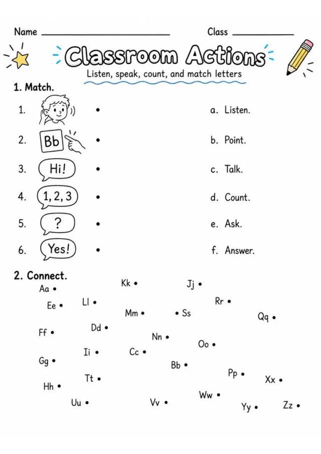Classroom Actions | Grade 1 English Language Arts Worksheet grade 1 printable PDF preview
