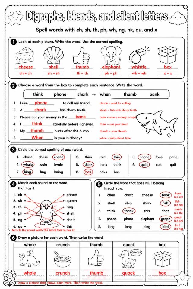 Answer key for Spell words with ch, sh, th, ph, wh, ng, nk, qu, and x — free printable English & Reading worksheet