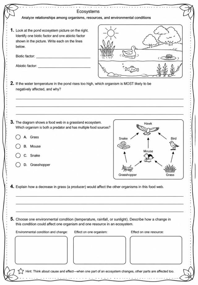Analyze relationships among organisms, resources, and environmental conditions — free printable High School Science worksheet