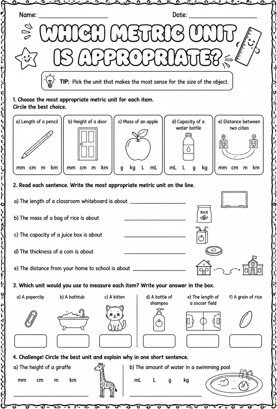 Which metric unit is appropriate? — free printable Grade 3 math worksheet