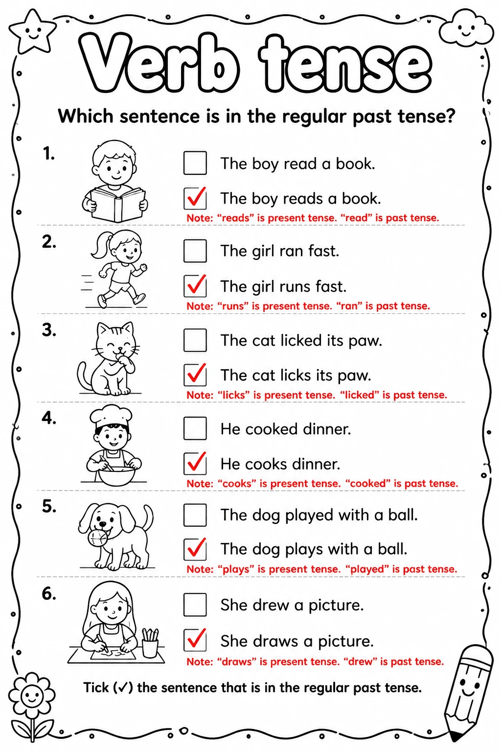 Answer key for Which sentence is in the regular past tense? — free printable English & Reading worksheet