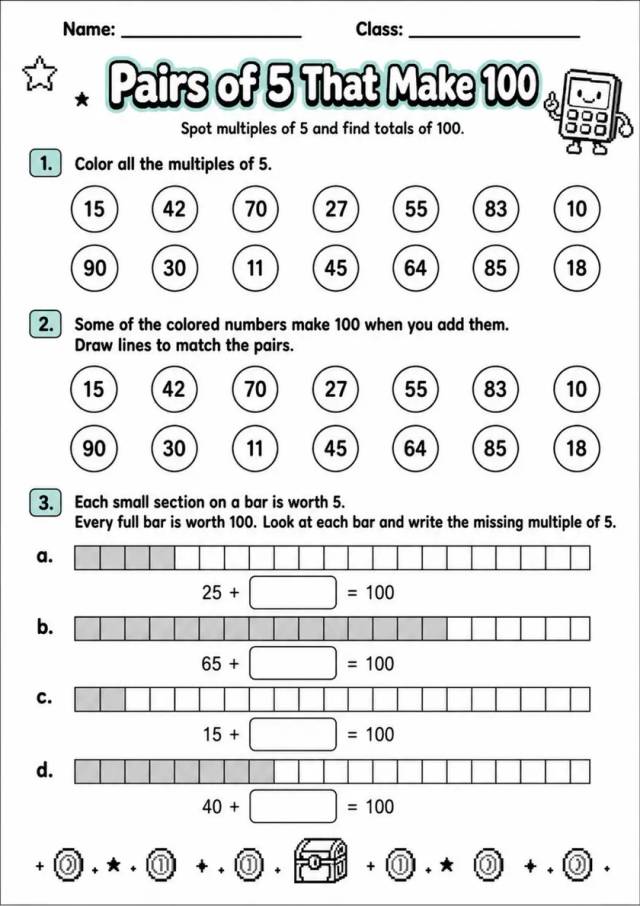 Pairs of 5 That Make 100 - Grade 3 Math Worksheet - grade 3 Labeling, matching, sorting, and classification grade 3 printable PDF preview