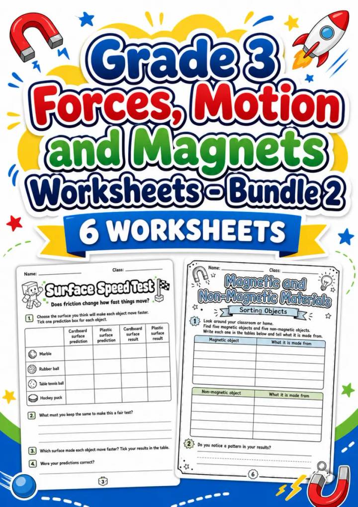 Grade 3 Forces, Motion and Magnets Worksheets - Pack 2 grade 3 printable PDF preview