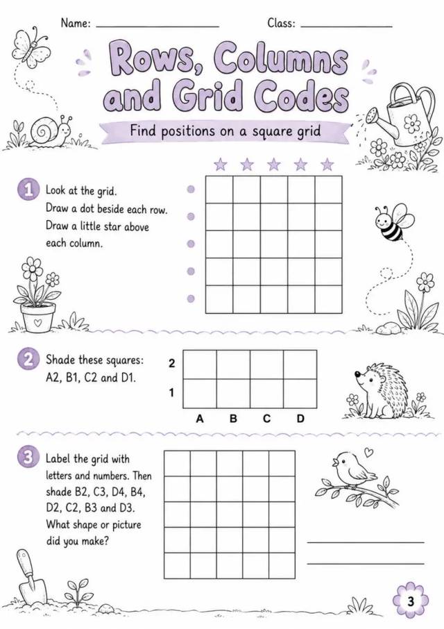 Rows, Columns and Grid Codes - Grade 3 Math Worksheet grade 3 printable PDF preview