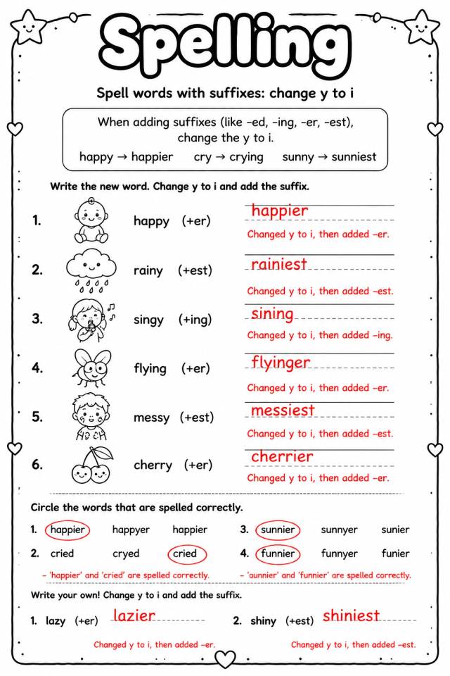 Answer key for Spell words with suffixes: change y to i — free printable English & Reading worksheet