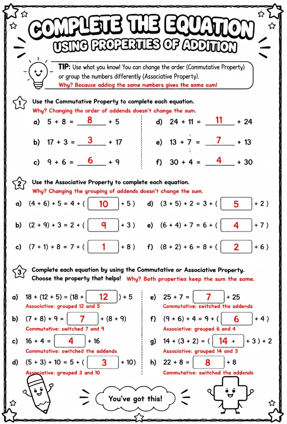 Answer key for Complete the equation using properties of addition — free printable Math worksheet