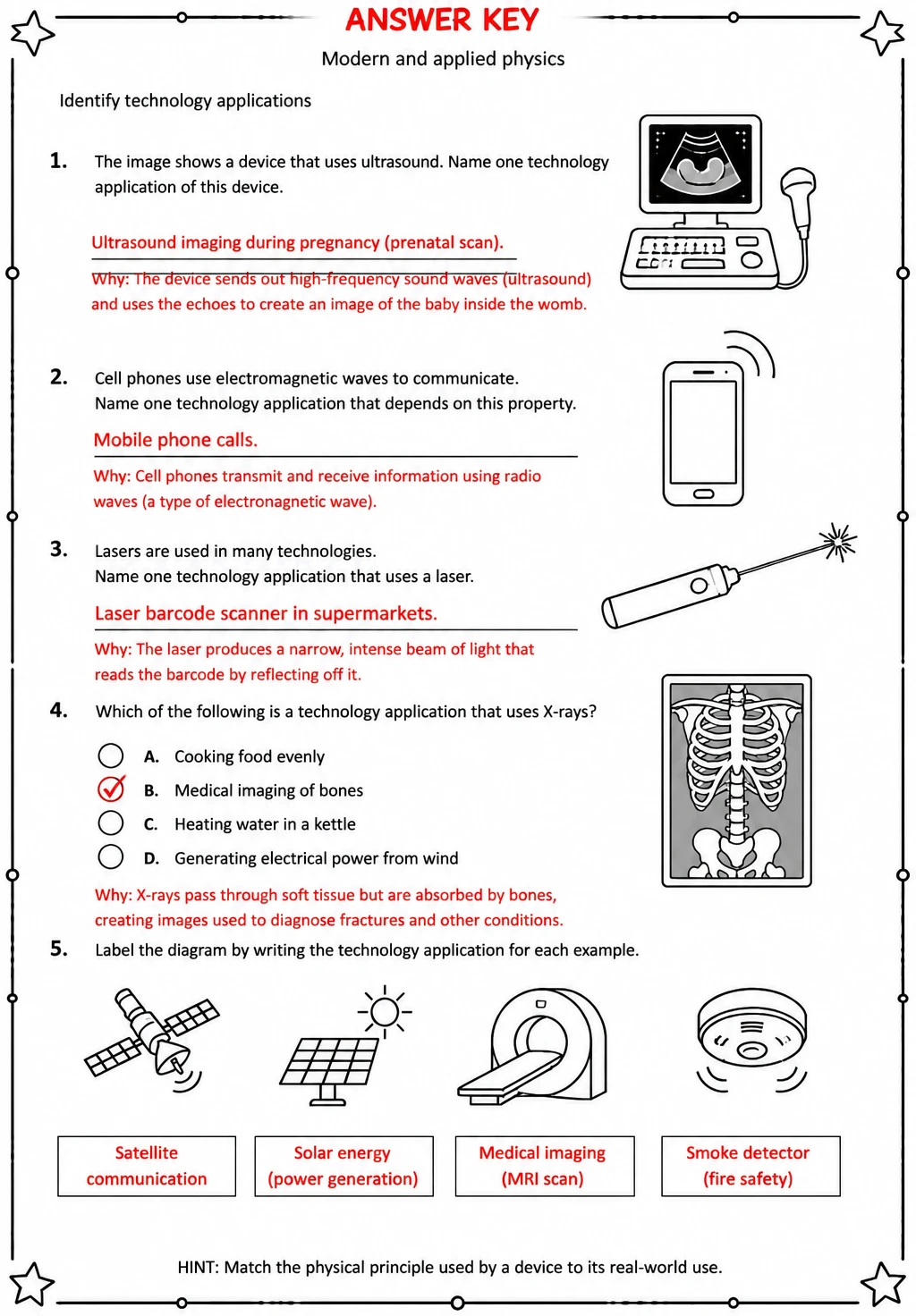 Answer key for Identify technology applications — free printable Science worksheet